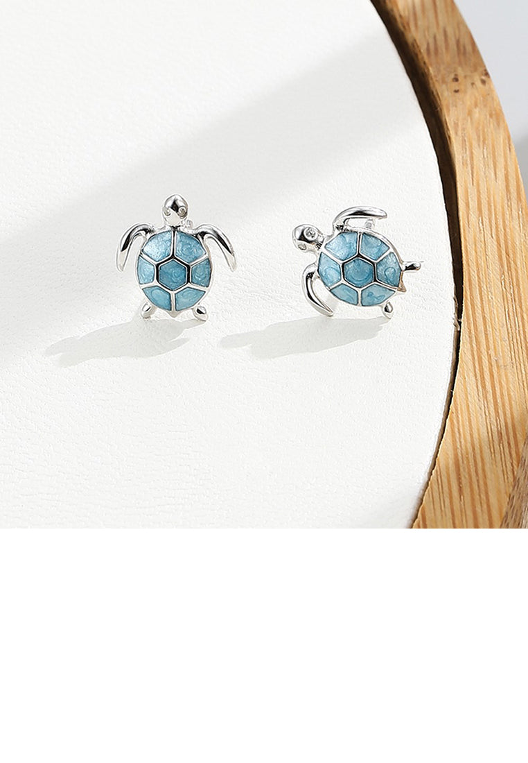925 Sterling Silver Fashion Cute Blue Turtle Stud Earrings with Cubic Zirconia - Luxurious Look
