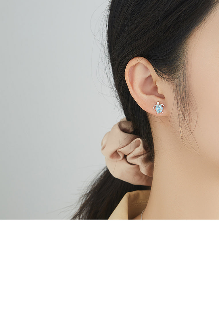 925 Sterling Silver Fashion Cute Blue Turtle Stud Earrings with Cubic Zirconia - Luxurious Look