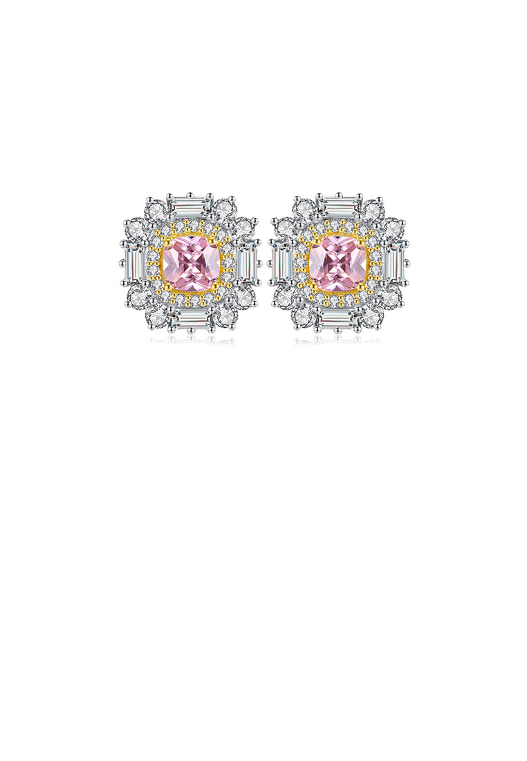 925 Sterling Silver Simple Bright Geometric Round Stud Earrings with Pink Cubic Zirconia - Luxurious Look - Vibrant Color