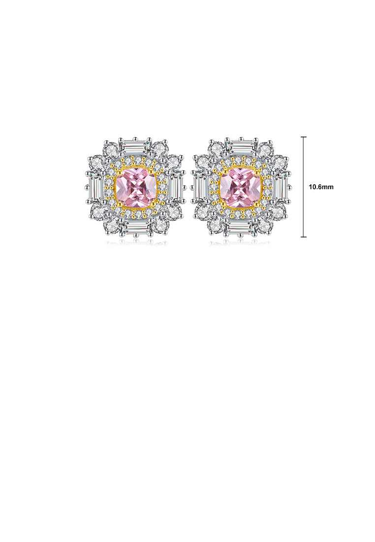 925 Sterling Silver Simple Bright Geometric Round Stud Earrings with Pink Cubic Zirconia - Luxurious Look - Vibrant Color