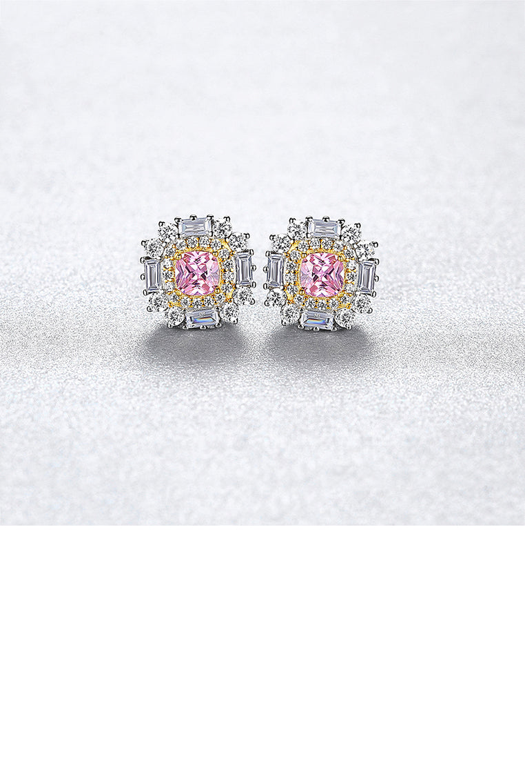 925 Sterling Silver Simple Bright Geometric Round Stud Earrings with Pink Cubic Zirconia - Luxurious Look - Vibrant Color