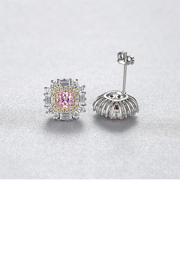 925 Sterling Silver Simple Bright Geometric Round Stud Earrings with Pink Cubic Zirconia - Luxurious Look - Vibrant Color