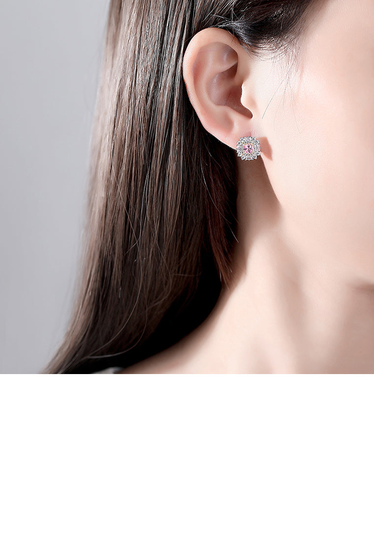 925 Sterling Silver Simple Bright Geometric Round Stud Earrings with Pink Cubic Zirconia - Luxurious Look - Vibrant Color
