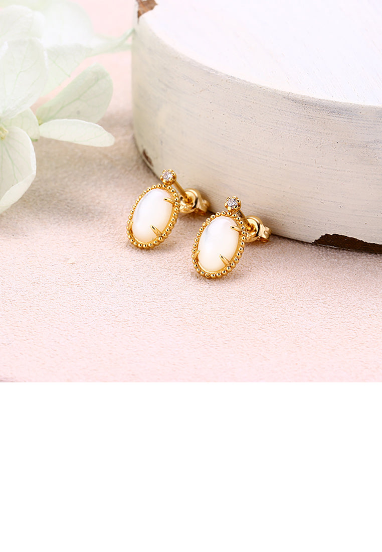 925 Sterling Silver Simple Fashion Plated Gold Geometric Oval Shell Stud Earrings with Cubic Zirconia - Luxurious Look