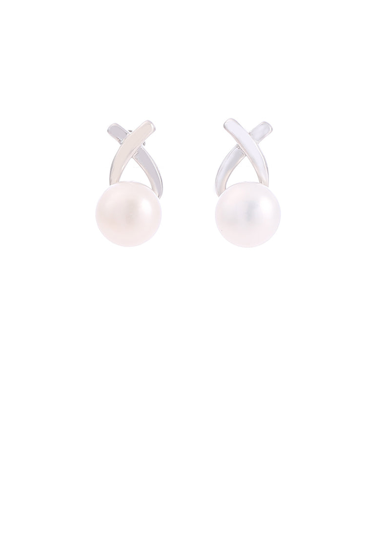 925 Sterling Silver Fashion Simple Cross White Freshwater Pearl Stud Earrings - Luxurious Look