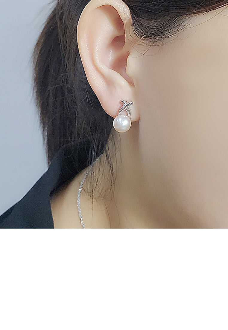 925 Sterling Silver Fashion Simple Cross White Freshwater Pearl Stud Earrings - Luxurious Look