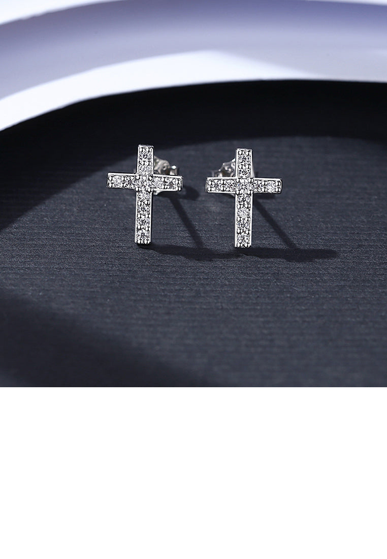 925 Sterling Silver Simple Classic Cross Stud Earrings with Cubic Zirconia - Luxurious Look