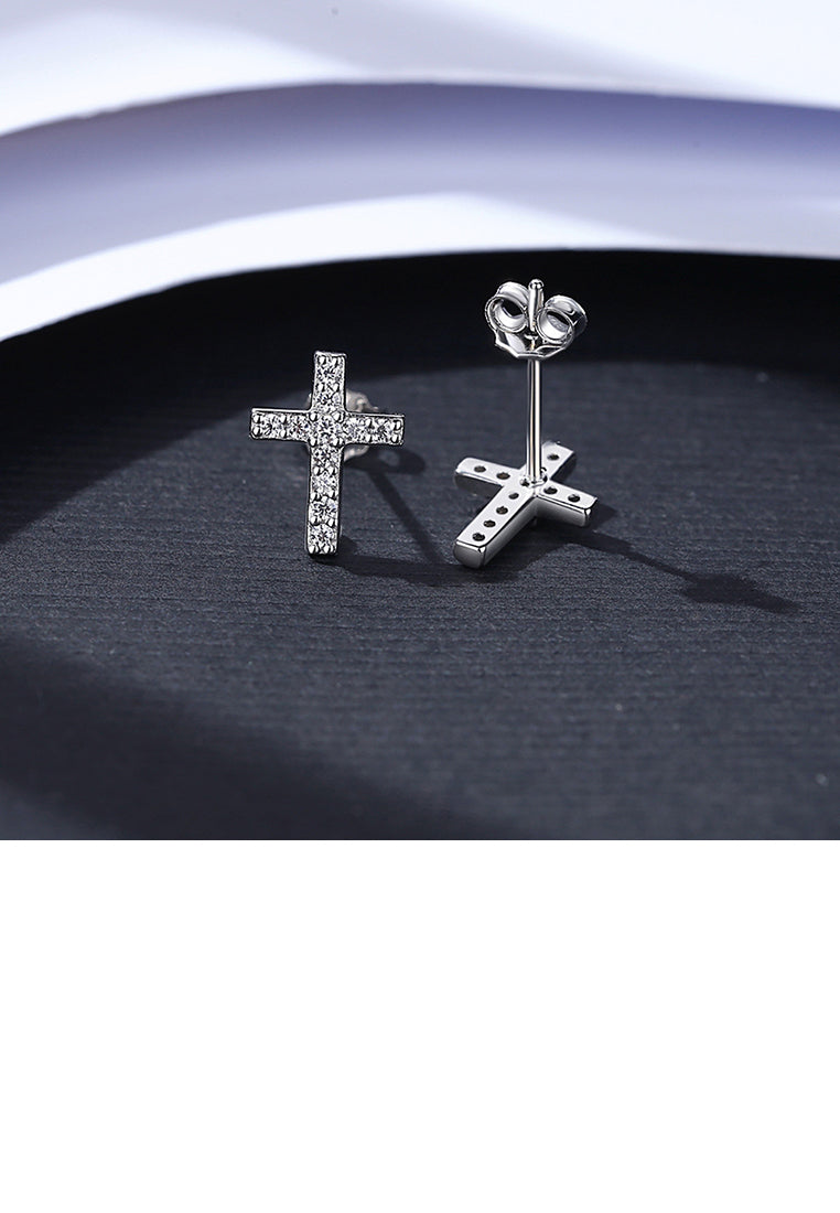 925 Sterling Silver Simple Classic Cross Stud Earrings with Cubic Zirconia - Luxurious Look