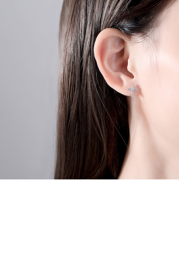 925 Sterling Silver Simple Classic Cross Stud Earrings with Cubic Zirconia - Luxurious Look