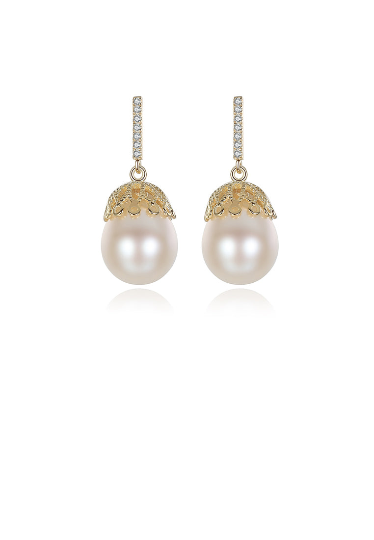 925 Sterling Silver Plated Gold Flower White Freshwater Pearl Earrings - Luxurious Look