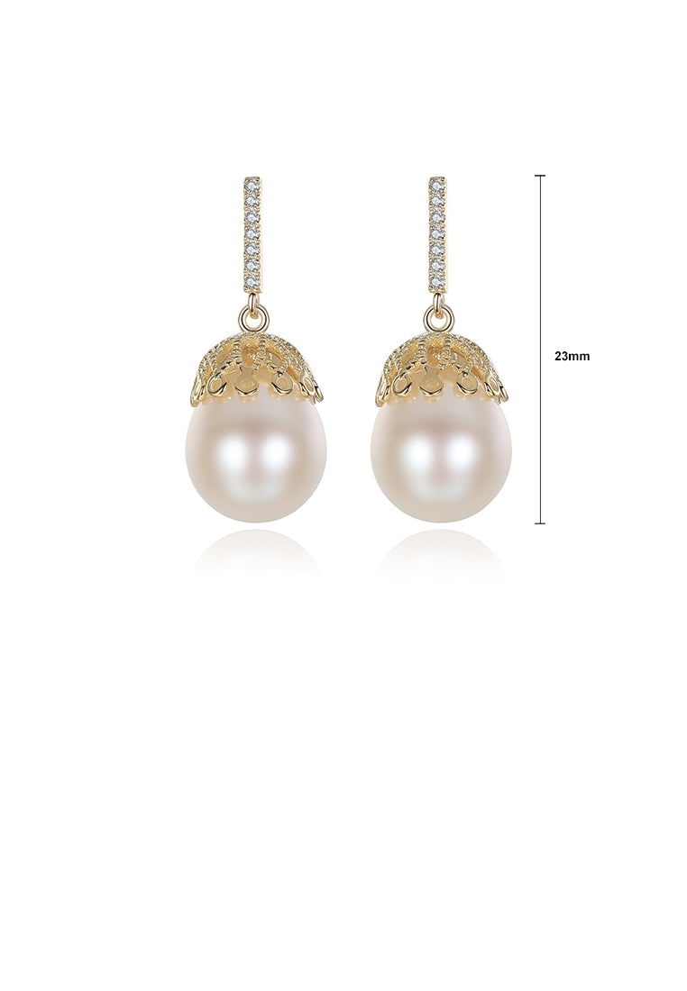 925 Sterling Silver Plated Gold Flower White Freshwater Pearl Earrings - Luxurious Look