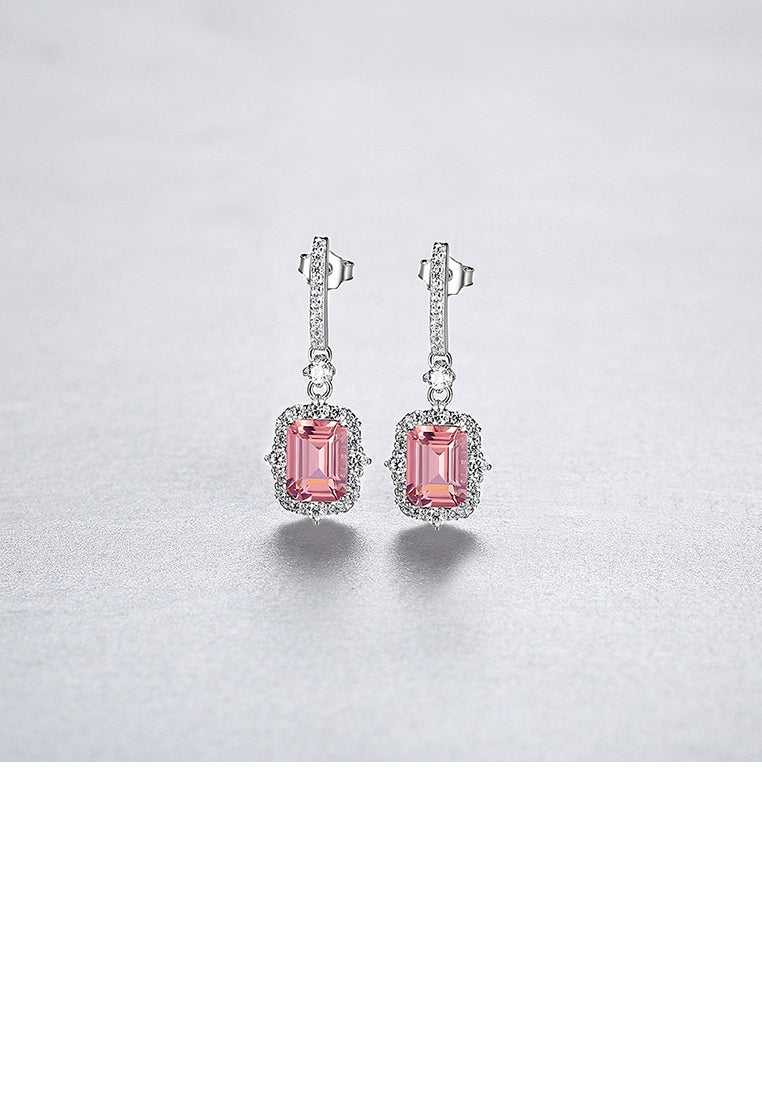 925 Sterling Silver Fashion Temperament Geometric Square Tassel Earrings with Pink Cubic Zirconia - Luxurious Look - Vibrant Color