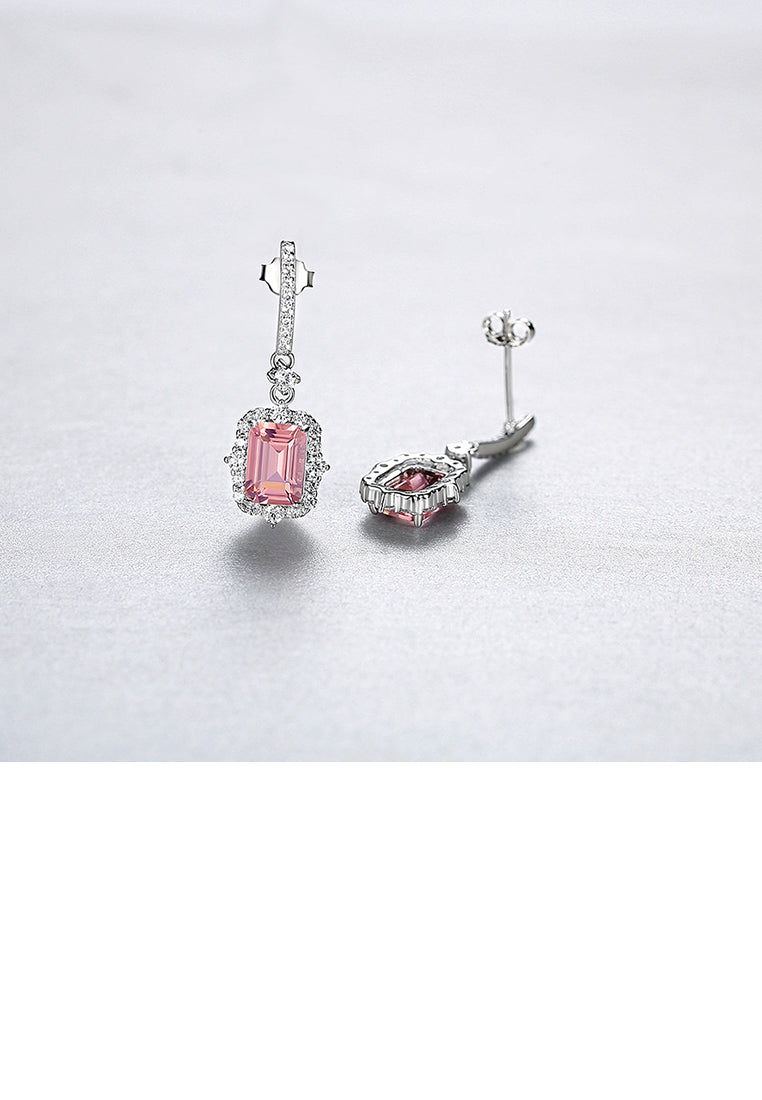 925 Sterling Silver Fashion Temperament Geometric Square Tassel Earrings with Pink Cubic Zirconia - Luxurious Look - Vibrant Color
