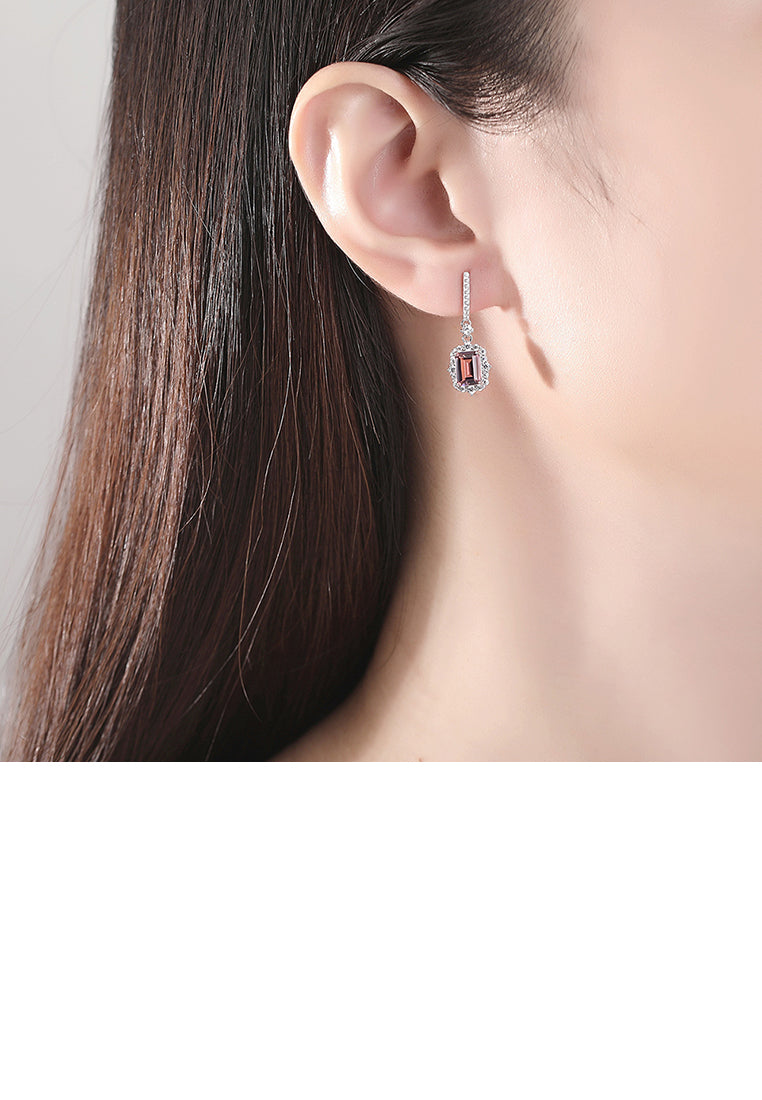 925 Sterling Silver Fashion Temperament Geometric Square Tassel Earrings with Pink Cubic Zirconia - Luxurious Look - Vibrant Color