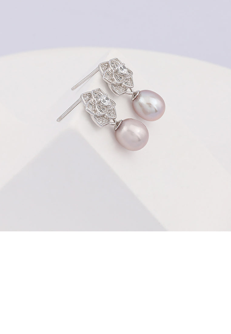 925 Sterling Silver Fashion Elegant Flower Purple Freshwater Pearl Stud Earrings with Cubic Zirconia - Luxurious Look