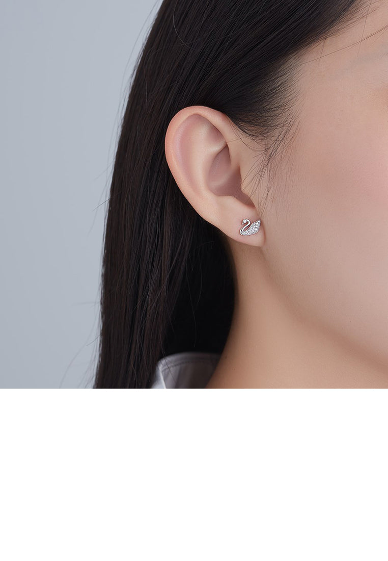 925 Sterling Silver Fashion and Elegant Swan Stud Earrings with Cubic Zirconia - Luxurious Look