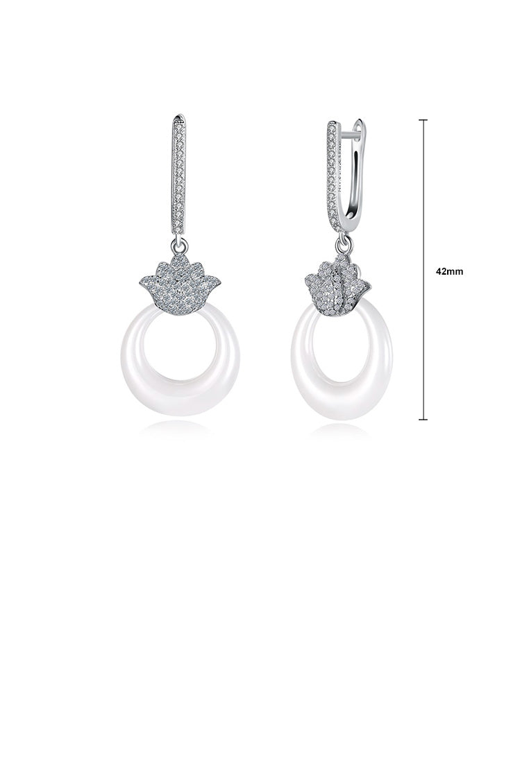 925 Sterling Silver Elegant Lotus White Ceramic Earrings with Cubic Zircon