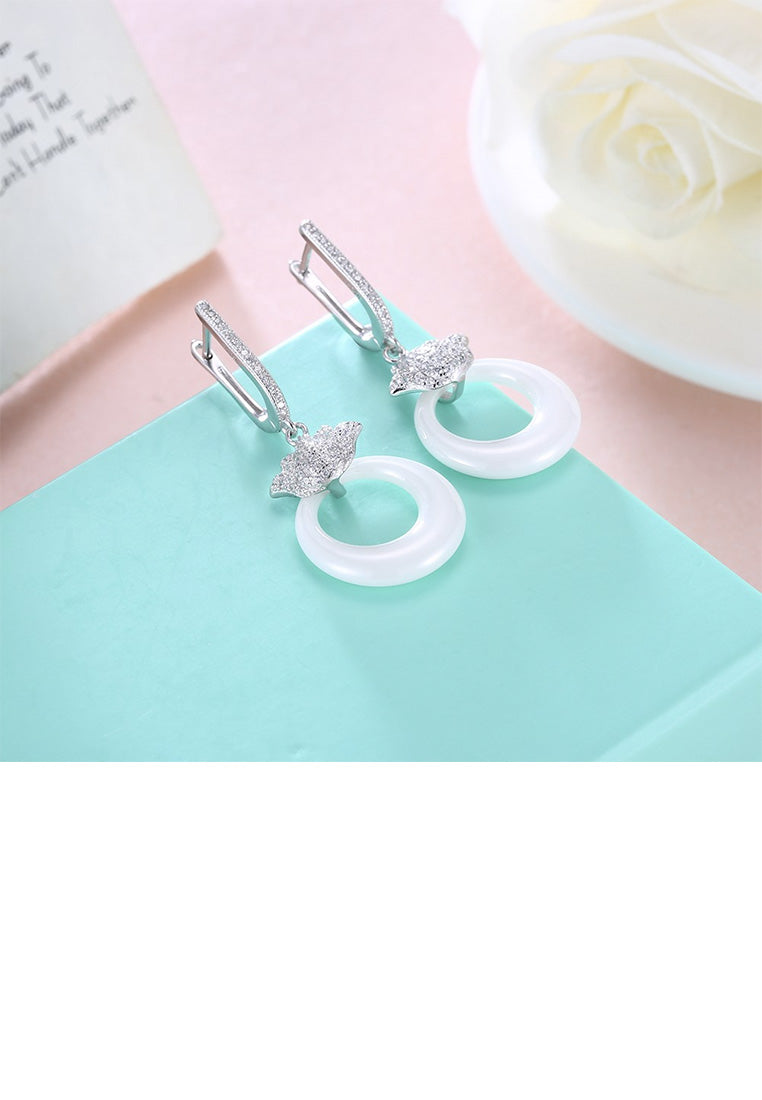 925 Sterling Silver Elegant Lotus White Ceramic Earrings with Cubic Zircon