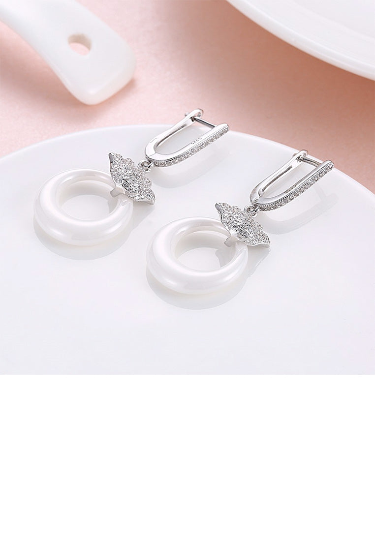 925 Sterling Silver Elegant Lotus White Ceramic Earrings with Cubic Zircon
