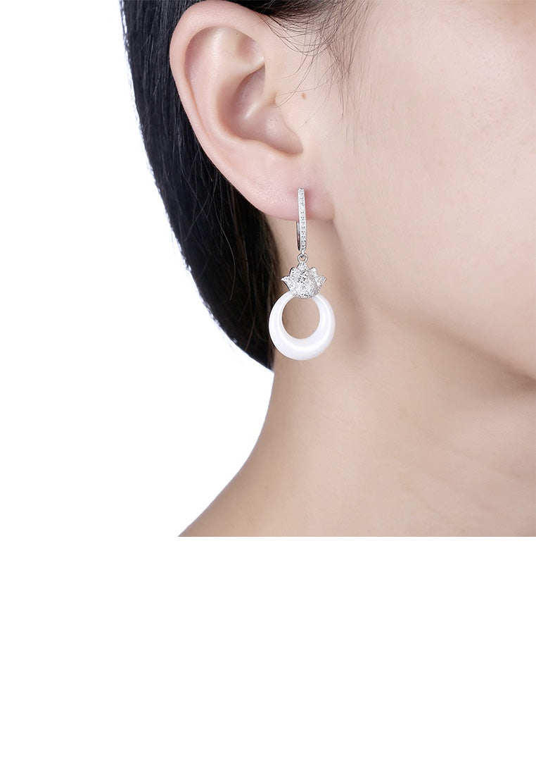 925 Sterling Silver Elegant Lotus White Ceramic Earrings with Cubic Zircon