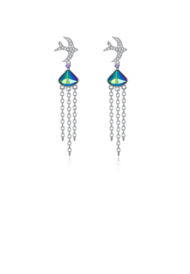 925 Sterling Silver Cute Little Swallow Tassel Earrings with Blue Austrian Element Crystal