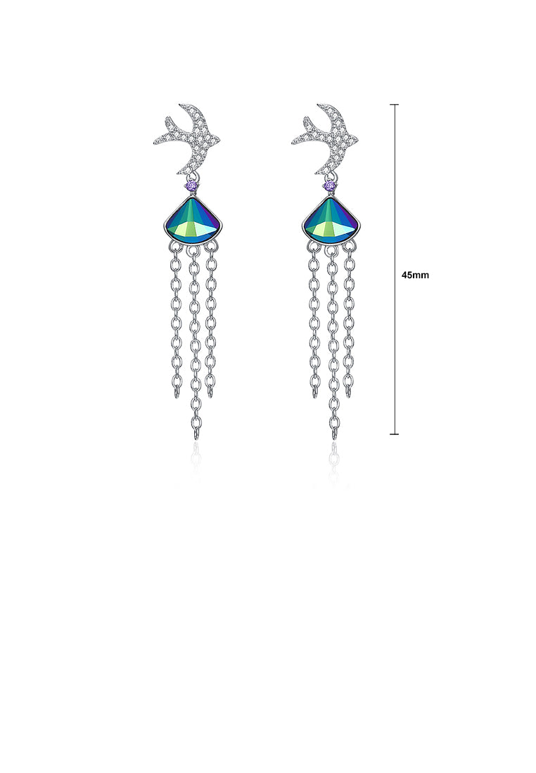 925 Sterling Silver Cute Little Swallow Tassel Earrings with Blue Austrian Element Crystal