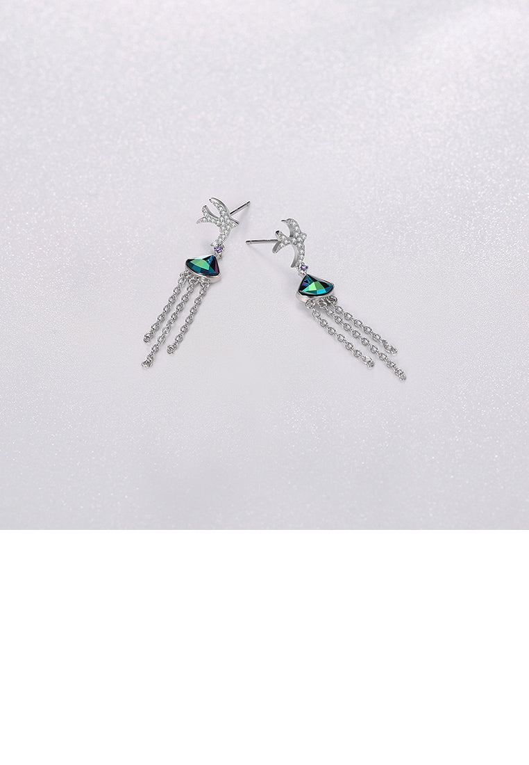 925 Sterling Silver Cute Little Swallow Tassel Earrings with Blue Austrian Element Crystal