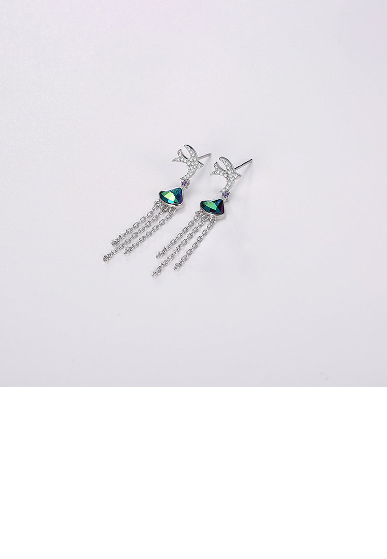 925 Sterling Silver Cute Little Swallow Tassel Earrings with Blue Austrian Element Crystal