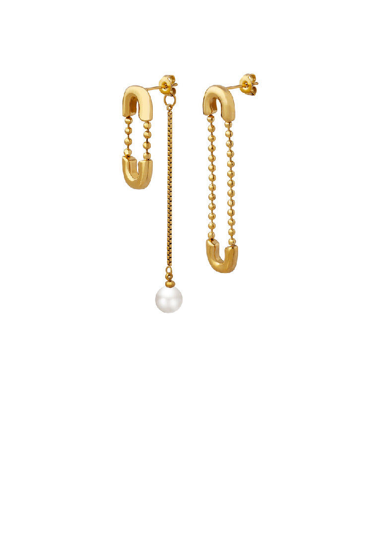 Fashion Creative Plated Gold 316L Stainless Steel Paper Clip Shaped Imitation Pearl Tassel Asymmetric Earrings - Luxurious Look