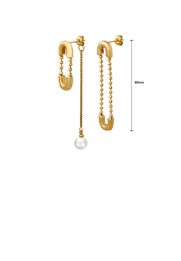 Fashion Creative Plated Gold 316L Stainless Steel Paper Clip Shaped Imitation Pearl Tassel Asymmetric Earrings - Luxurious Look