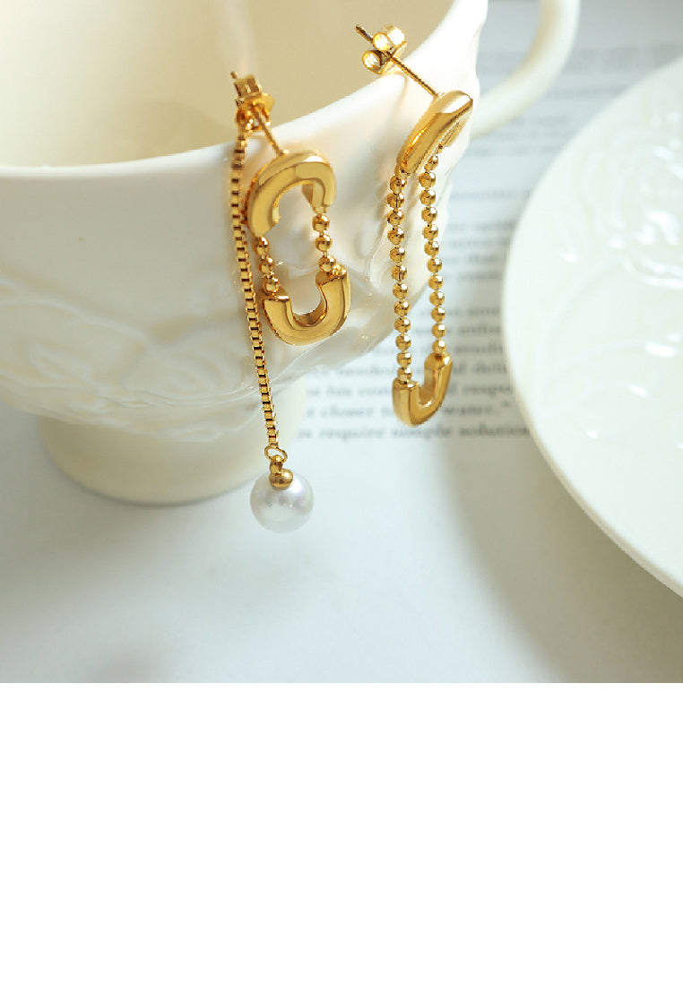Fashion Creative Plated Gold 316L Stainless Steel Paper Clip Shaped Imitation Pearl Tassel Asymmetric Earrings - Luxurious Look