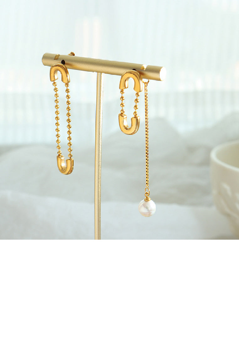 Fashion Creative Plated Gold 316L Stainless Steel Paper Clip Shaped Imitation Pearl Tassel Asymmetric Earrings - Luxurious Look