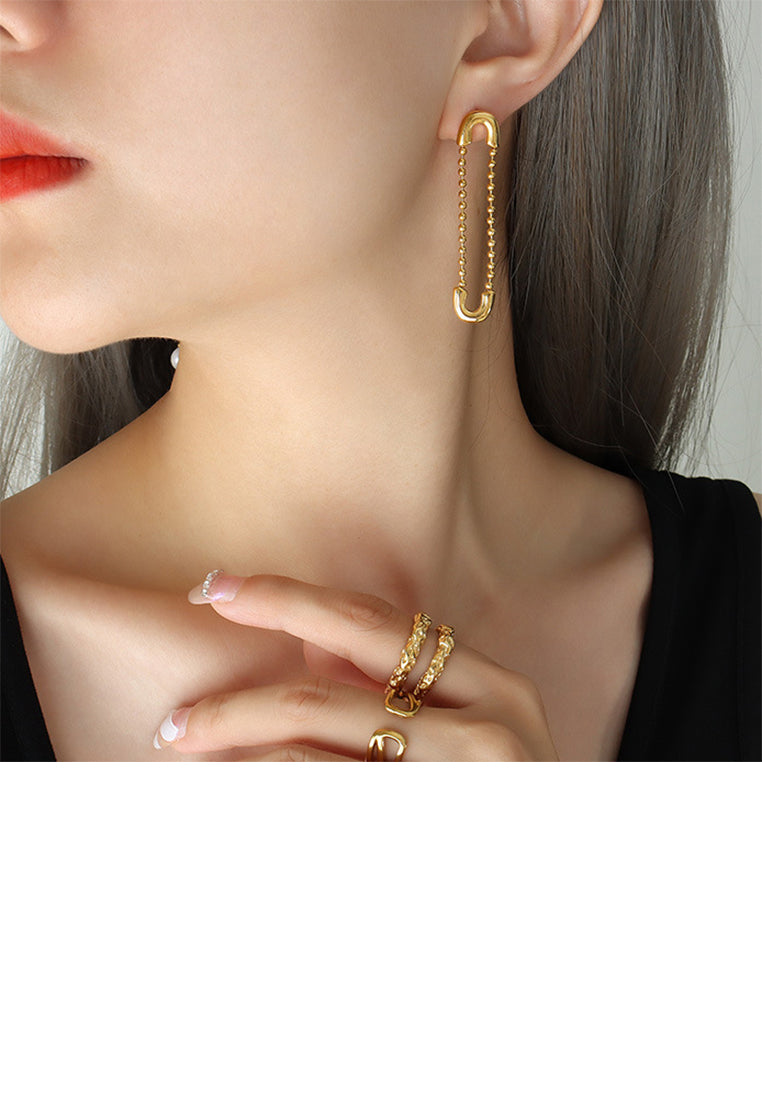 Fashion Creative Plated Gold 316L Stainless Steel Paper Clip Shaped Imitation Pearl Tassel Asymmetric Earrings - Luxurious Look