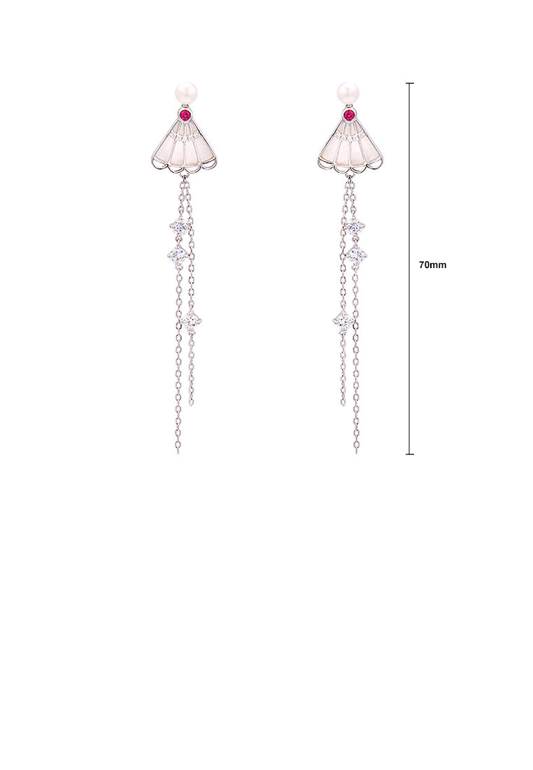 925 Sterling Silver Fashion Temperament Shell Folding Fan Tassel Freshwater Pearl Tassel Earrings with Cubic Zirconia - Luxurious Look