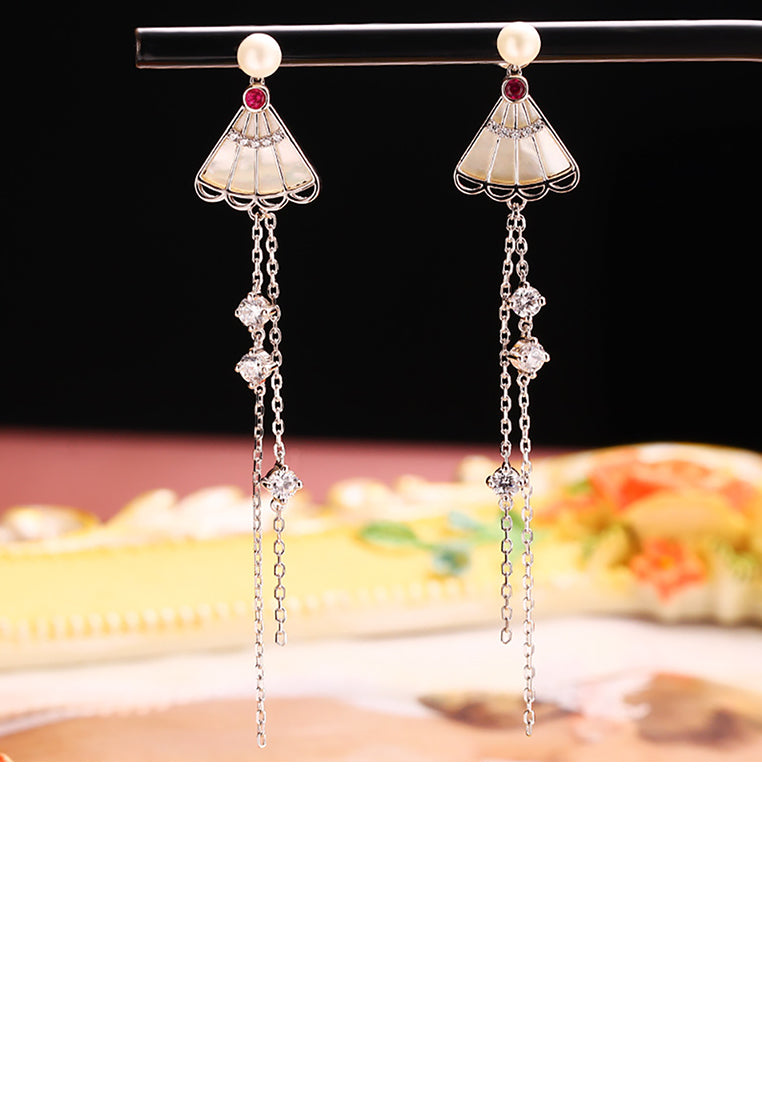 925 Sterling Silver Fashion Temperament Shell Folding Fan Tassel Freshwater Pearl Tassel Earrings with Cubic Zirconia - Luxurious Look