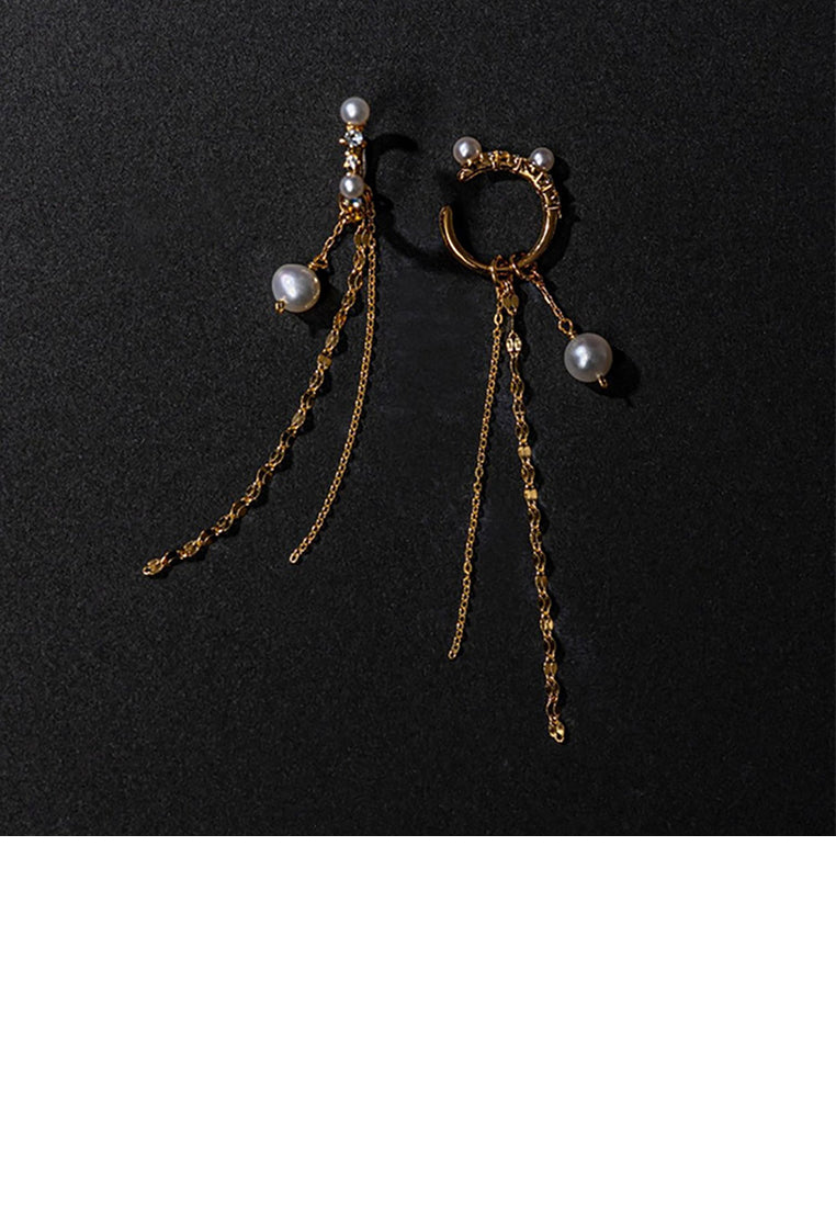 925 Sterling Silver Plated Gold Simple Temperament Geometric Freshwater Pearl Tassel Earrings - Luxurious Look
