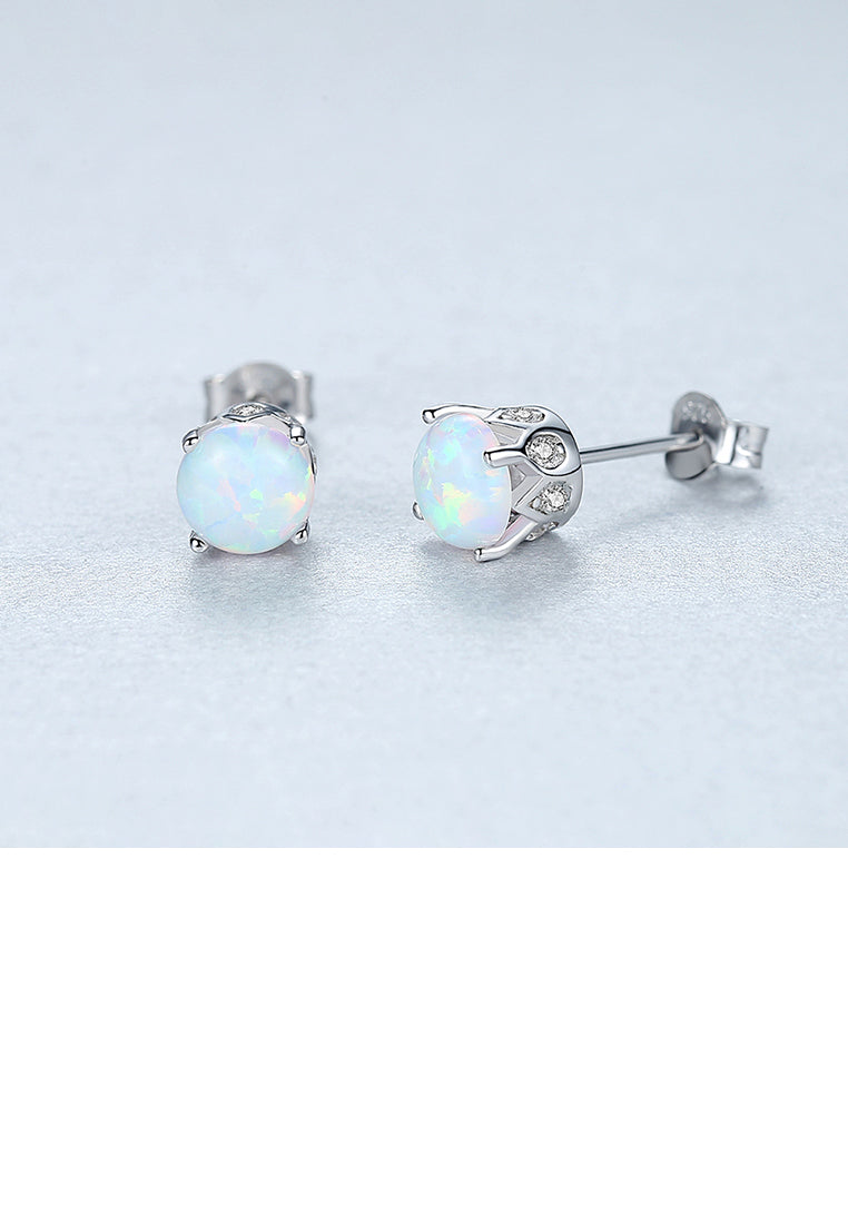 925 Sterling Silver Simple Fashion Geometric Round White Imitation Opal Stud Earrings