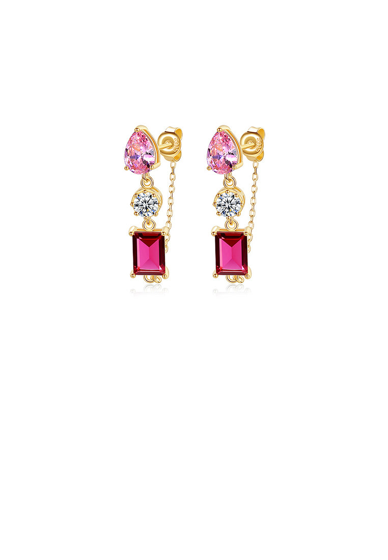 925 Sterling Silver Plated Gold Fashion Temperament Geometric Earrings with Pink Cubic Zirconia - Luxurious Look - Vibrant Color