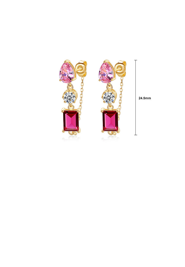 925 Sterling Silver Plated Gold Fashion Temperament Geometric Earrings with Pink Cubic Zirconia - Luxurious Look - Vibrant Color