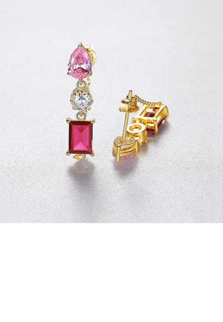925 Sterling Silver Plated Gold Fashion Temperament Geometric Earrings with Pink Cubic Zirconia - Luxurious Look - Vibrant Color