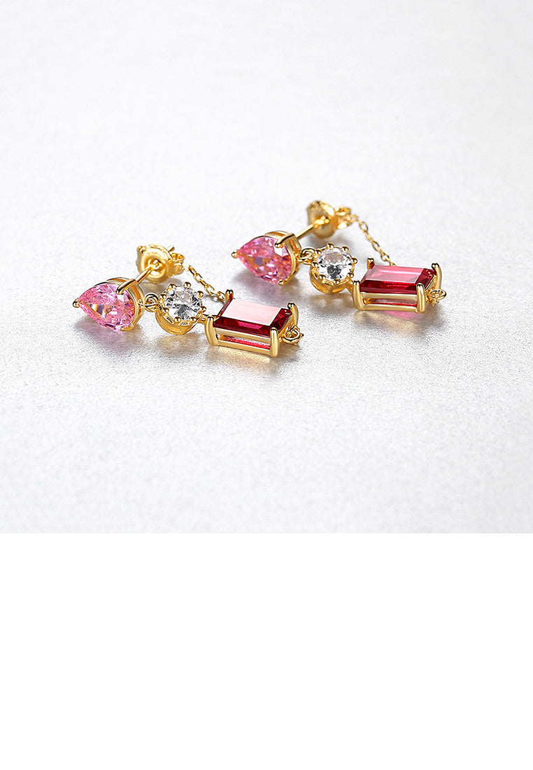 925 Sterling Silver Plated Gold Fashion Temperament Geometric Earrings with Pink Cubic Zirconia - Luxurious Look - Vibrant Color
