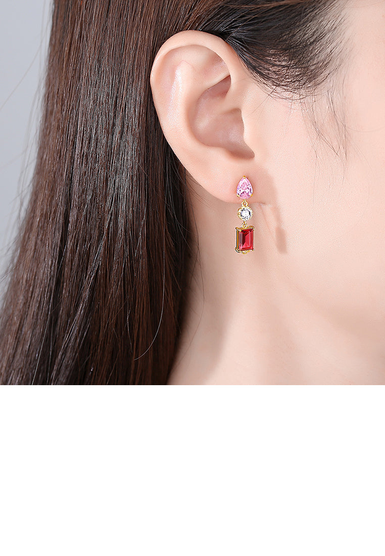 925 Sterling Silver Plated Gold Fashion Temperament Geometric Earrings with Pink Cubic Zirconia - Luxurious Look - Vibrant Color