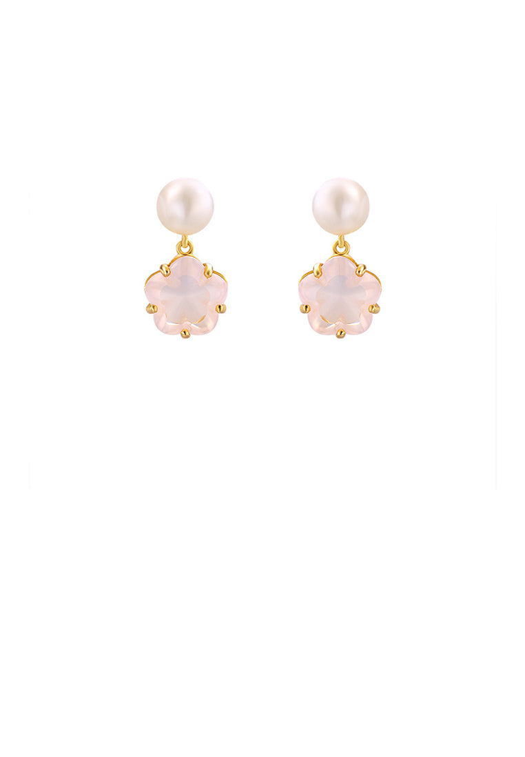 925 Sterling Silver Plated Gold Fashion and Elegant Cherry Blossom Freshwater Pearl Stud Earrings with Cubic Zirconia - Luxurious Look
