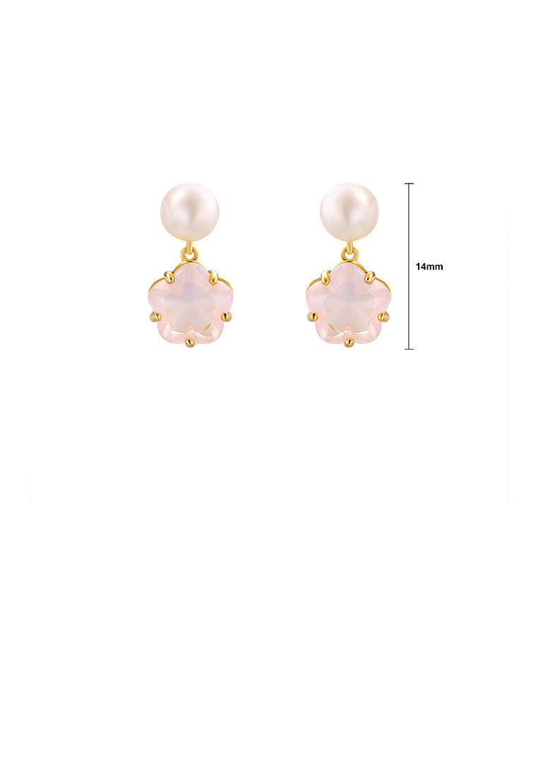 925 Sterling Silver Plated Gold Fashion and Elegant Cherry Blossom Freshwater Pearl Stud Earrings with Cubic Zirconia - Luxurious Look