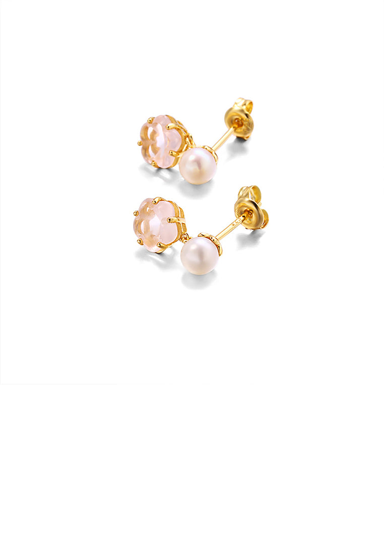 925 Sterling Silver Plated Gold Fashion and Elegant Cherry Blossom Freshwater Pearl Stud Earrings with Cubic Zirconia - Luxurious Look