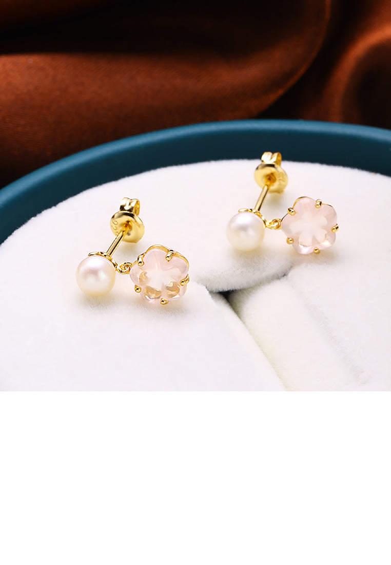 925 Sterling Silver Plated Gold Fashion and Elegant Cherry Blossom Freshwater Pearl Stud Earrings with Cubic Zirconia - Luxurious Look