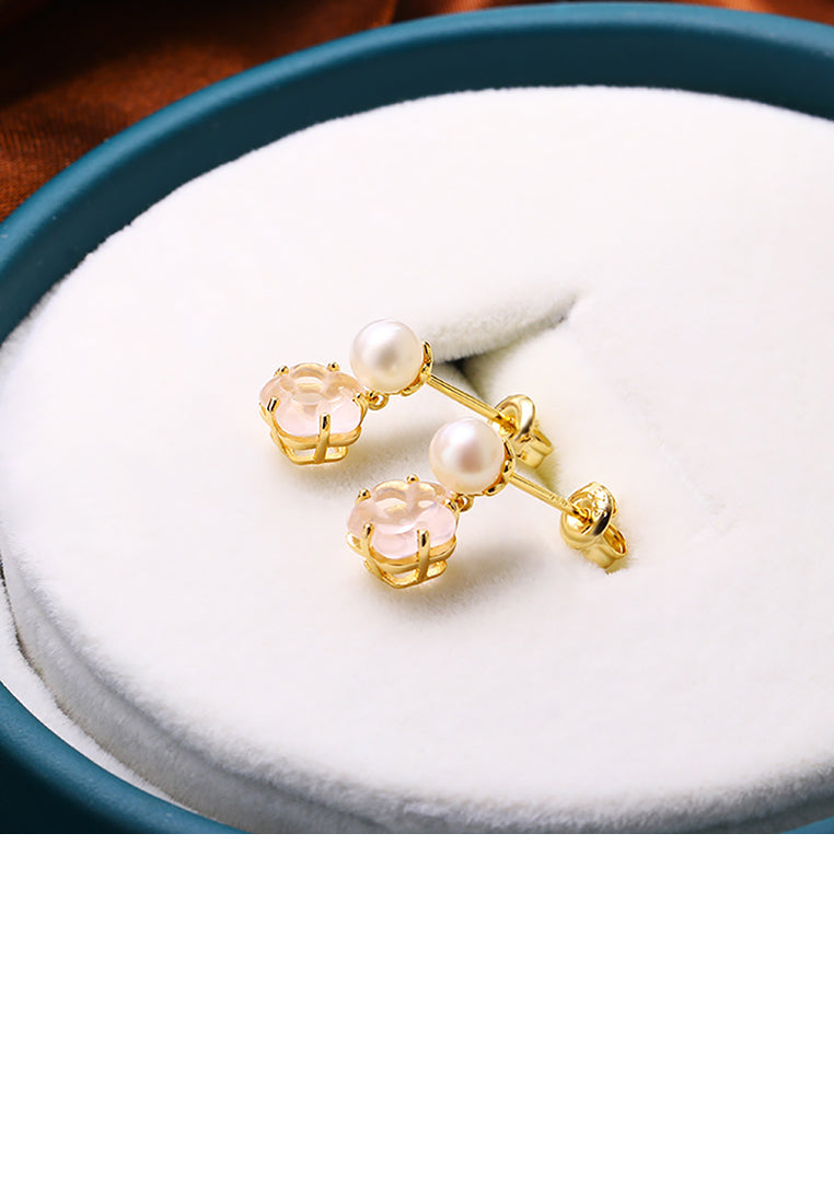 925 Sterling Silver Plated Gold Fashion and Elegant Cherry Blossom Freshwater Pearl Stud Earrings with Cubic Zirconia - Luxurious Look