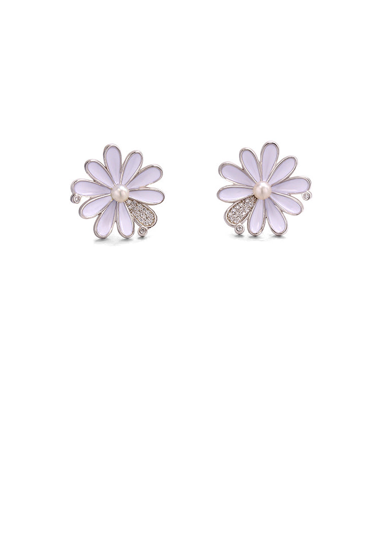 925 Sterling Silver Fashion and Elegant Daisy Freshwater Pearl Stud Earrings with Cubic Zirconia - Luxurious Look