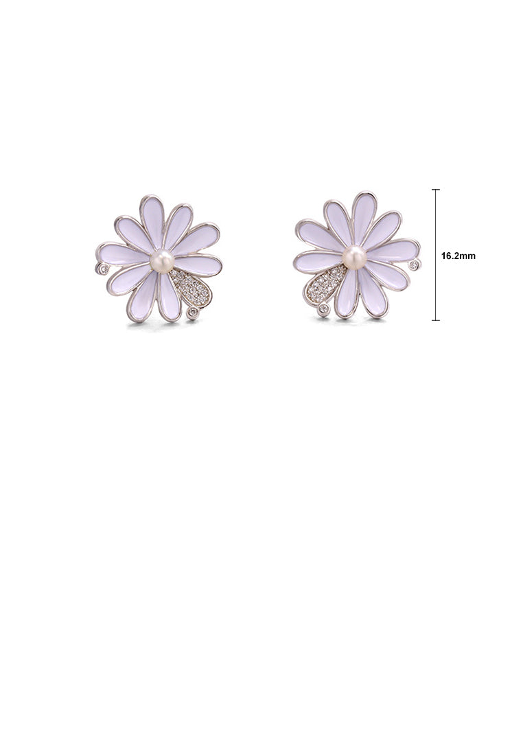 925 Sterling Silver Fashion and Elegant Daisy Freshwater Pearl Stud Earrings with Cubic Zirconia - Luxurious Look