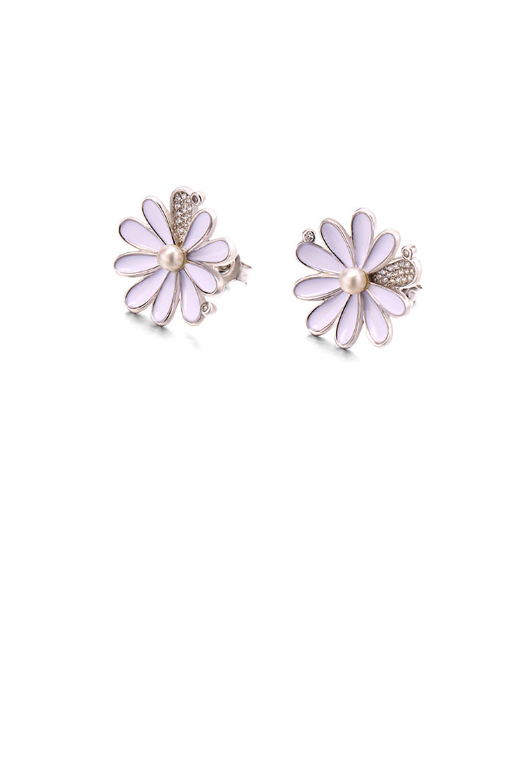 925 Sterling Silver Fashion and Elegant Daisy Freshwater Pearl Stud Earrings with Cubic Zirconia - Luxurious Look